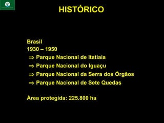 HISTÓRICO


• Brasil
⇒ 1930 – 1950
⇒ ⇒ Parque Nacional de Itatiaia
⇒ ⇒ Parque Nacional do Iguaçu
⇒ ⇒ Parque Nacional da Serra dos Órgãos
⇒ ⇒ Parque Nacional de Sete Quedas

⇒ Área protegida: 225.800 ha
 