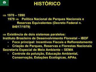 HISTÓRICO

⇒ 1970 – 1990
  1979 ⇒ Política Nacional de Parques Nacionais e
        Reservas Equivalentes (Decreto Federal n.
     84017/1979)

⇒ Existência de dois sistemas paralelos:
Instituto Brasileiro de Desenvolvimento Florestal – IBDF
   - Foco principal: Incentivos Fiscais e Reflorestamento
   - Criação de Parques, Reservas e Florestas Nacionais
Secretaria Especial de Meio Ambiente – SEMA
   - Controle da poluição, Educação Ambiental,
       Conservação, Estações Ecológicas, APAs.
 