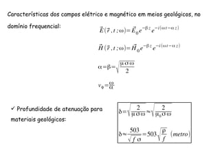 Características dos campos elétrico e magnético em meios geológicos, no
domínio frequencial:
⃗E(⃗r ,t ;ω)= ⃗E0 e β z
e i(ω t α z)
⃗H (⃗r ,t ;ω)= ⃗H 0 e β z
e i(ωt α z)
α=β=
√
µσ ω
2
vϕ=ω
α
Profundidade de atenuação para
materiais geológicos:
δ=√ 2
µσω≈√ 2
µ0 σ ω
δ≈
503
√ f σ
=503
√
ρ
f
(metro)
 