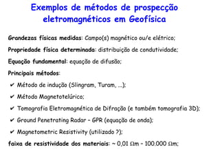 Exemplos de métodos de prospecção
eletromagnéticos em Geofísica
Grandezas físicas medidas: Campo(s) magnético ou/e elétrico;
Propriedade física determinada: distribuição de condutividade;
Equação fundamental: equação de difusão;
Principais métodos:
✔ Método de indução (Slingram, Turam, ...);
✔ Método Magnetotelúrico;
✔ Tomografia Eletromagnética de Difração (e também tomografia 3D);
✔ Ground Penetrating Radar – GPR (equação de onda);
✔ Magnetometric Resistivity (utilizado ?);
faixa de resistividade dos materiais: ~ 0,01 Ωm – 100.000 Ωm;
 
