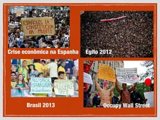 Egito 2012
Occupy Wall Street
Crise econômica na Espanha
Brasil 2013
 