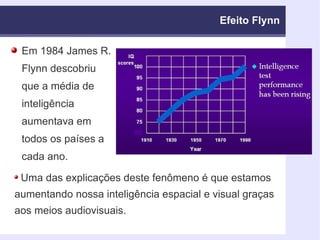 Efeito Flynn Em 1984 James R. Flynn descobriu que a média de inteligência aumentava em todos os países a cada ano. Uma das explicações deste fenômeno é que estamos aumentando nossa inteligência espacial e visual graças aos meios audiovisuais. 