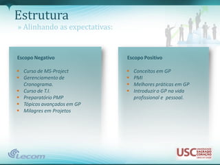 Estrutura
» Alinhando as expectativas:


Escopo Negativo                Escopo Positivo

 Curso de MS-Project             Conceitos em GP
 Gerenciamento de                PMI
  Cronograma.                     Melhores práticas em GP
 Curso de T.I.                   Introduzir o GP na vida
 Preparatório PMP                 profissional e pessoal.
 Tópicos avançados em GP
 Milagres em Projetos
 