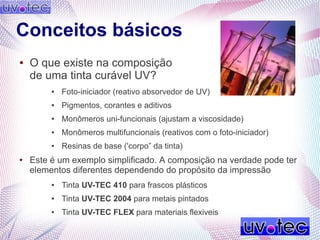 Conceitos básicos
● O que existe na composição
de uma tinta curável UV?
● Foto-iniciador (reativo absorvedor de UV)
● Pigmentos, corantes e aditivos
● Monômeros uni-funcionais (ajustam a viscosidade)
● Monômeros multifuncionais (reativos com o foto-iniciador)
● Resinas de base ('corpo” da tinta)
● Este é um exemplo simplificado. A composição na verdade pode ter
elementos diferentes dependendo do propósito da impressão
● Tinta UV-TEC 410 para frascos plásticos
● Tinta UV-TEC 2004 para metais pintados
● Tinta UV-TEC FLEX para materiais flexiveis
 
