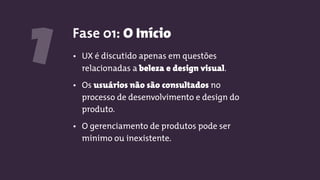 1 Fase 01: O Início
• UX é discutido apenas em questões
relacionadas a beleza e design visual.
• Os usuários não são consultados no
processo de desenvolvimento e design do
produto.
• O gerenciamento de produtos pode ser
mínimo ou inexistente.
 