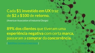 Cada $1 investido em UX traz
de $2 a $100 de retorno.
(American Association of Industrial Design)
89% dos clientes que tiveram uma
experiência negativa com certa marca,
passaram a comprar da concorrência.
(RightNow Customer Experience)
 
