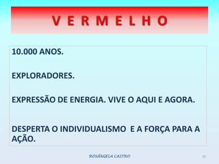 V  E  R  M  E  L  H  O10.000 ANOS.EXPLORADORES.EXPRESSÃO DE ENERGIA. VIVE O AQUI E AGORA.DESPERTA O INDIVIDUALISMO  E A FORÇA PARA A AÇÃO.ROSÂNGELA CASTRO32