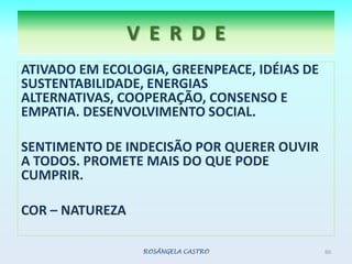 V  E  R  D  EATIVADO EM ECOLOGIA, GREENPEACE, IDÉIAS DE SUSTENTABILIDADE, ENERGIAS ALTERNATIVAS, COOPERAÇÃO, CONSENSO E EMPATIA. DESENVOLVIMENTO SOCIAL.SENTIMENTO DE INDECISÃO POR QUERER OUVIR A TODOS. PROMETE MAIS DO QUE PODE CUMPRIR.COR – NATUREZAROSÂNGELA CASTRO60