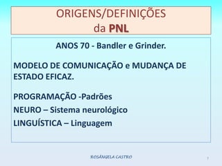 ORIGENS/DEFINIÇÕES da PNLANOS 70 - Bandler e Grinder.MODELO DE COMUNICAÇÃO e MUDANÇA DE ESTADOEFICAZ. PROGRAMAÇÃO -PadrõesNEURO – Sistema neurológicoLINGUÍSTICA – LinguagemROSÂNGELA CASTRO7