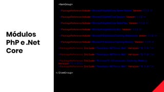 Módulos
PhP e .Net
Core
<ItemGroup>
<PackageReference Include="Microsoft.AspNetCore.Server.Kestrel" Version="1.1.2" />
<PackageReference Include="Microsoft.AspNetCore.Session" Version="1.1.2" />
<PackageReference Include="Microsoft.AspNetCore.StaticFiles" Version="1.1.2" />
<PackageReference Include="Microsoft.AspNetCore.Mvc" Version="1.1.3" />
<PackageReference Include="Microsoft.Extensions.Caching.Abstractions" ersion="1.1.2" />
<PackageReference Include="Microsoft.Extensions.Caching.Memory" Version="1.1.2" />
<PackageReference Include=”Peachpie.NETCore.Web” Version=”0.7.0-”/>
<PackageReference Include=”Peachpie.NETCore.Web” Version=”0.7.0-”/>
<PackageReference Include=”Microsoft.Extensions.Caching.Memory
Version=”1.1.2”/>
<PackageReference Include=”Peachpie.NETCore.Web” Version=”0.7.0-”/>
</ItemGroup>
 
