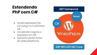 Estendendo
PhP com C#
● Amplie aplicação Php
com plug-ins e extensões
c#,
● Use pacotes seguros e
populares em C#,
● Aproveite pontos fortes
de cada plataforma
 