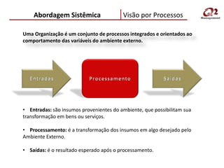 Abordagem Sistêmica                  Visão por Processos

Uma Organização é um conjunto de processos integrados e orientados ao
comportamento das variáveis do ambiente externo.




• Entradas: são insumos provenientes do ambiente, que possibilitam sua
transformação em bens ou serviços.

• Processamento: é a transformação dos insumos em algo desejado pelo
Ambiente Externo.

• Saídas: é o resultado esperado após o processamento.
 