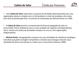 Cadeia de Valor                      Visão por Processos


• Uma Cadeia de Valor representa o conjunto de atividades desempenhadas por uma
organização, desde as relações com os fornecedores e ciclos de produção e de venda,
até a fase da distribuição final. O conceito foi introduzido por Michael Porter em 1985.


• A Cadeia de Valor permite a compreensão do fluxo de agregação de valor ao
Consumidor final no âmbito de uma ou mais unidades de negócios interdependentes,
Isto é, retrata uma cadeia de atividades situadas em uma ou mais organizações
Independentes.

• Michael Porter, desagregando a empresa nas suas atividades de relevância estratégica,
Considera que ganha vantagem competitiva a empresa que consegue executar essas
Atividades da forma mais barata ou melhor que a concorrência (Moura, 2006).
 