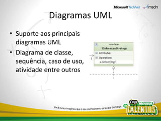 Diagramas UMLSuporte aos principais diagramas UMLDiagrama de classe, sequência, caso de uso, atividade entre outros