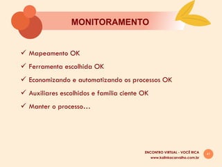 41
MONITORAMENTO
www.kalinkacarvalho.com.br
ENCONTRO VIRTUAL - VOCÊ RICA
ü  Mapeamento OK
ü  Ferramenta escolhida OK
ü  Economizando e automatizando os processos OK
ü  Auxiliares escolhidos e família ciente OK
ü  Manter o processo…
 