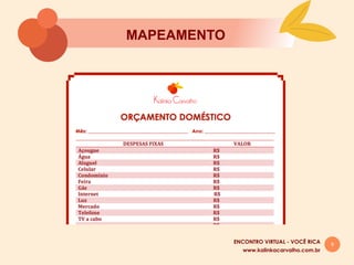 8
MAPEAMENTO
www.kalinkacarvalho.com.br
ENCONTRO VIRTUAL - VOCÊ RICA
 