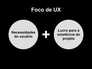 Necessidades
do usuário
Lucro para a
existência do
projeto+
Foco de UX
 