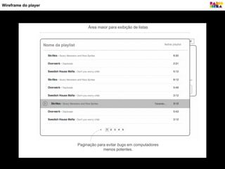 Área maior para exibição de listas
Paginação para evitar bugs em computadores
menos potentes.
Wireframe do player
 