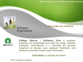 Código Aberto  /  Software livre   é qualquer programa de computador que pode ser usado, copiado, estudado, redistribuído e e utilizado em quantas máquinas se desejar, para qualquer finalidade, sem nenhuma restrição imposta pelo fornecedor. Liberdade  é a palavra de ordem. Fonte: Free Software Foundation  Evolução do software Software Proprietário 