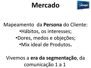 Mercado 
Mapeamento da Persona do Cliente: 
•Hábitos, os interesses; 
•Dores, medos e objeções; 
•Mix ideal de Produtos. 
Vivemos a era da segmentação, da 
comunicação 1 a 1 
 