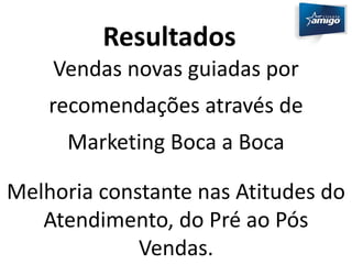 Resultados 
Vendas novas guiadas por 
recomendações através de 
Marketing Boca a Boca 
Melhoria constante nas Atitudes do 
Atendimento, do Pré ao Pós 
Vendas. 
 