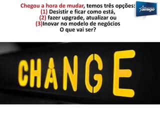 Chegou a hora de mudar, temos três opções: 
(1) Desistir e ficar como está, 
(2) fazer upgrade, atualizar ou 
(3)Inovar no modelo de negócios 
O que vai ser? 
 