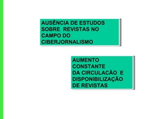 AUSÊNCIA DE ESTUDOS SOBRE  REVISTAS NO CAMPO DO CIBERJORNALISMO AUMENTO CONSTANTE  DA CIRCULACÃO  E DISPONIBILIZAÇÃO  DE REVISTAS 