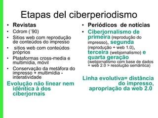 Etapas del ciberperiodismo Revistas Cdrom (´90) Sitios web com reprodução de conteúdos do impresso sitios web com conteúdos próprios Plataformas cross-media e multimídia, móvil Conservação da metáfora do impresso + multimídia - interatividade Evolução não linear nem idêntica à dos ciberjornais Periódicos  de notícias Ciberjornalismo de primeira   (reprodução do impresso) ,  segunda  (reprodução + web 1.0) ,  terceira  (webjornalismo)   e quarta geração  (webjornalismo com base de dados + web 2.0 > resolução semântica) Linha evolutiva= distância do impresso, apropriação da web 2.0  