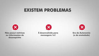EXISTEM PROBLEMAS
Não possui métricas
ou informações de
desempenho
É desenvolvido para
mensagens 1x1
Era da Autonomia
(e da ansiedade)
 