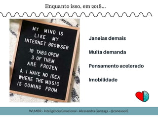 Janelas demais
Muita demanda
Pensamento acelerado
Imobilidade
Enquanto isso, em 2018...
WLMBR - Inteligência Emocional - Alessandra Gonzaga - @conexaoIE
 