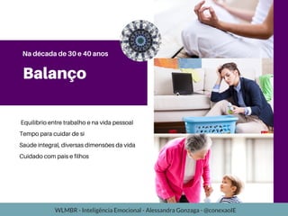Balanço
Equilíbrio entre trabalho e na vida pessoal
Tempo para cuidar de si
Saúde integral, diversas dimensões da vida
Cuidado com pais e filhos
Na década de 30 e 40 anos
WLMBR - Inteligência Emocional - Alessandra Gonzaga - @conexaoIE
 