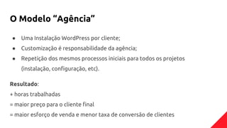 O Modelo “Agência”
● Uma Instalação WordPress por cliente;
● Customização é responsabilidade da agência;
● Repetição dos mesmos processos iniciais para todos os projetos
(instalação, configuração, etc).
Resultado:
+ horas trabalhadas
= maior preço para o cliente final
= maior esforço de venda e menor taxa de conversão de clientes
 