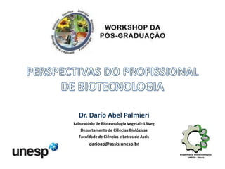 Dr. Darío Abel Palmieri
Laboratório de Biotecnologia Vegetal - LBVeg
Departamento de Ciências Biológicas
Faculdade de Ciências e Letras de Assis

darioap@assis.unesp.br

 