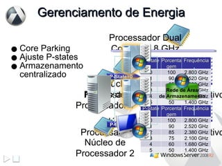 Gerenciamento de Energia Core Parking Ajuste P-states Armazenamento centralizado Processador Dual Core de 2.8 GHz Núcleo de Processador 1 Ativo Núcleo de Processador 2 Inativo Núcleo de Processador 4 Inativo Núcleo de Processador 3 Inativo Núcleo de Processador 1 Núcleo de Processador 2 P-State=0 P-State Porcentagem Frequência 0 100 2.800 GHz 1 90 2.520 GHz 2 85 2.380 GHz 3 75 2.100 GHz 4 60 1.680 GHz 5 50 1.400 GHz P-State Porcentagem Frequência 0 100 2.800 GHz 1 90 2.520 GHz 2 85 2.380 GHz 3 75 2.100 GHz 4 60 1.680 GHz 5 50 1.400 GHz P-State=4 Rede de Área de Armazenamento 