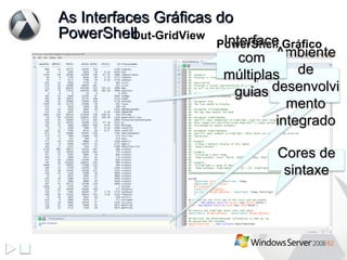 As Interfaces Gráficas do PowerShell PowerShell Gráfico Out-GridView Ambiente de desenvolvimento integrado Interface com múltiplas guias Cores de sintaxe 