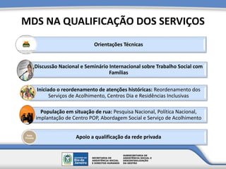 MDS NA QUALIFICAÇÃO DOS SERVIÇOS
Orientações Técnicas
Discussão Nacional e Seminário Internacional sobre Trabalho Social com
Famílias
Iniciado o reordenamento de atenções históricas: Reordenamento dos
Serviços de Acolhimento, Centros Dia e Residências Inclusivas
População em situação de rua: Pesquisa Nacional, Política Nacional,
implantação de Centro POP, Abordagem Social e Serviço de Acolhimento
Apoio a qualificação da rede privada
 