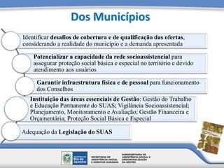 Dos Municípios
Identificar desafios de cobertura e de qualificação das ofertas,
considerando a realidade do município e a demanda apresentada
Potencializar a capacidade da rede socioassistencial para
assegurar proteção social básica e especial no território e devido
atendimento aos usuários
Garantir infraestrutura física e de pessoal para funcionamento
dos Conselhos
Instituição das áreas essenciais de Gestão: Gestão do Trabalho
e Educação Permanente do SUAS; Vigilância Socioassistencial;
Planejamento, Monitoramento e Avaliação; Gestão Financeira e
Orçamentária; Proteção Social Básica e Especial
Adequação da Legislação do SUAS
 