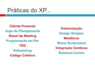 Práticas do XP...

   Cliente Presente
                           Padronização
Jogo do Planejamento
                          Design Simples
  Stand Up Meeting
                            Metáforas
 Programação em Par
                        Ritmo Sustentável
         TDD
                       Integração Contínua
     Refactoring
                         Releases Curtos
   Código Coletivo
 
