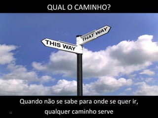 QUAL O CAMINHO?
Quando não se sabe para onde se quer ir,
qualquer caminho serve
12
 