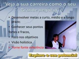 • Desenvolver metas a curto, médio e a longo
prazo;
• Conhecer seus pontos
fortes e fracos,
• Foco nos objetivos
• Visão holística.
• Torne fonte referência
1996
 