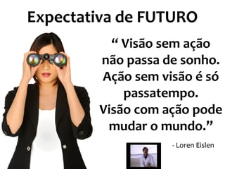 Expectativa de FUTURO
“ Visão sem ação
não passa de sonho.
Ação sem visão é só
passatempo.
Visão com ação pode
mudar o mundo.”
- Loren Eislen
 