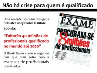 Não há crise para quem é qualificado
Uma recente pesquisa divulgada
pelo McKinsey Global Institute
aponta:
“Faltarão 40 milhões de
profissionais qualificado
no mundo até 2020”
O Brasil figura como o segundo
país que mais sofre com a
escassez de profissionais
qualificados.
 