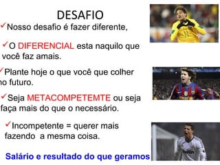 DESAFIO
Nosso desafio é fazer diferente,
O DIFERENCIAL esta naquilo que
você faz amais.
Plante hoje o que você que colher
no futuro.
Seja METACOMPETEMTE ou seja
faça mais do que o necessário.
Incompetente = querer mais
fazendo a mesma coisa.
Salário e resultado do que geramos
 