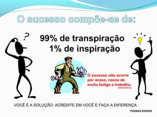 VOCÊ É A SOLUÇÃO: ACREDITE EM VOCÊ E FAÇA A DIFERENÇA.
99% de transpiração
1% de inspiração
THOMAS EDISON
O sucesso não ocorre
por acaso, nasce de
muita fadiga e trabalho.
NAPOLEON HILL
 