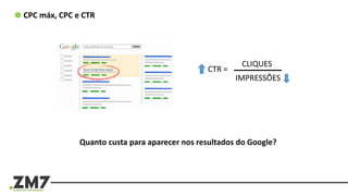 CPC máx, CPC e CTR
Quanto custa para aparecer nos resultados do Google?
CTR =
CLIQUES
IMPRESSÕES
 