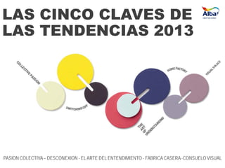 LAS CINCO CLAVES DE
LAS TENDENCIAS 2013
PASION COLECTIVA – DESCONEXION - EL ARTE DEL ENTENDIMIENTO - FABRICA CASERA -CONSUELO VISUAL