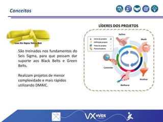 Conceitos
Definir
Medir
Analisar
Melhorar
Controlar
Início do projeto
Patrocinadores
Time do projeto
Definição projeto
LÍDERES DOS PROJETOS
São treinados nos fundamentos do
Seis Sigma, para que possam dar
suporte aos Black Belts e Green
Belts.
Realizam projetos de menor
complexidade e mais rápidos
utilizando DMAIC.
 