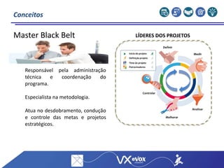 Conceitos
Definir
Medir
Analisar
Melhorar
Controlar
Início do projeto
Patrocinadores
Time do projeto
Definição projeto
LÍDERES DOS PROJETOS
Responsável pela administração
técnica e coordenação do
programa.
Especialista na metodologia.
Atua no desdobramento, condução
e controle das metas e projetos
estratégicos.
Master Black Belt
 