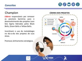 Conceitos
Champion
Definir
Medir
Analisar
Melhorar
Controlar
Início do projeto
Patrocinadores
Time do projeto
Definição projeto
LÍDERES DOS PROJETOS
Líderes responsáveis por remover
as possíveis barreiras para o
desenvolvimento dos projetos Lean
Seis Sigma liderados pelos Black
Belts, Green Belts e Yellow Belts.
Incentivam o uso da metodologia
no dia-a-dia dos projetos de suas
áreas.
Promove alinhamento estratégico.
 