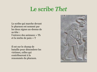 Le scribe Thet
Le scribe qui marche devant
le pharaon est nommé par
les deux signes au-dessus de
sa tête :
l’entrave des animaux = Th
et la miche de pain = T
Il est sur le champ de
bataille pour dénombrer les
victimes, celles qui
contribueront à la
renommée du pharaon.
 